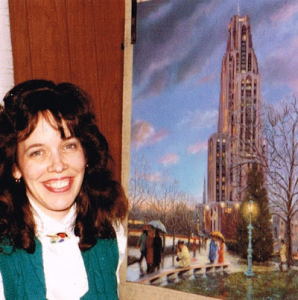 Linda Barnicott, Pittsburgh's Painter of Memories, poses with her painting "Walking in the Light of the Cathedral" when it was finished in 1990.