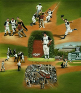 The image shows Linda Barnicott's paiting of Mazeroski's Magical Moment, a painting of Bill Mazeroski during the 1960 World Series.