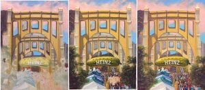 A progression of Linda Barnicott's newest painting "Pittsburgh Parties at Picklesburgh"