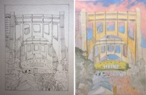 A sketch and under-painting of Linda Barnicott's newest painting "Pittsburgh Parties at Picklesburgh"