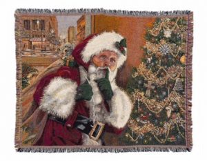 An image of Linda Barnicott's new Christmas blanket featuring her painting "Shhhh!"