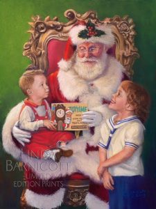 Linda Barnicott's newest painting "Wishes for Santa" features Santa sitting in an ornate chair, holding a small boy while a girl stares up at him.