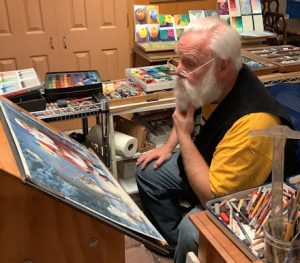 This image is of Santa Claus getting a first look at Linda Barnicott's newest painting featuring Woodland Santa.