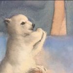 This image features a portion of Linda Barnicott's new woodland Santa painting. A small polar bear sits happily in the snow.