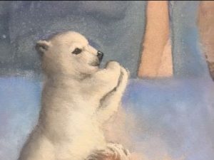 This image features a portion of Linda Barnicott's new woodland Santa painting. A small polar bear sits happily in the snow.
