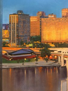 This image is an in progress image of Linda Barnicott's newest painting. It shows a number of downtown Pittsburgh buildings and the river.