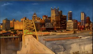 This image is an in progress image of Linda Barnicott's newest painting. It shows a number of downtown Pittsburgh buildings, a barge, the Fort Pitt bridge, and the river.