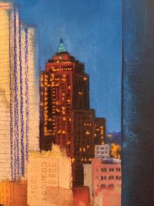 This image features a close up of one of the downtown Pittsburgh building's in Linda Barnicott's newest painting.