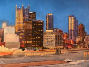 This image is an in progress image of Linda Barnicott's newest painting. It shows a number of downtown Pittsburgh buildings, a barge, and the river.