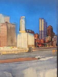 This image is an in progress image of Linda Barnicott's newest painting. It shows a number of downtown Pittsburgh buildings, a barge, and the river.