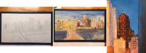 This image shows three separate photos of Linda Barnicott's new painting of Pittsburgh: a sketch, the underpainting, and a close of up of one of the buildings