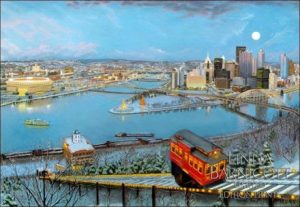 This image shows Linda Barnicott's painting "My Hometown" featuring the incline, a view of the city, and the old Three Rivers Stadium.