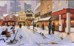 Linda Barnicott's painting "Sharing the Season at Market Square."