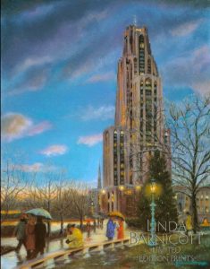 This image features Linda Barnicott's painting "Walking in the Light of the Cathedral," a painting of the Cathedral of Learning on the University of Pittsburgh's Oakland campus.